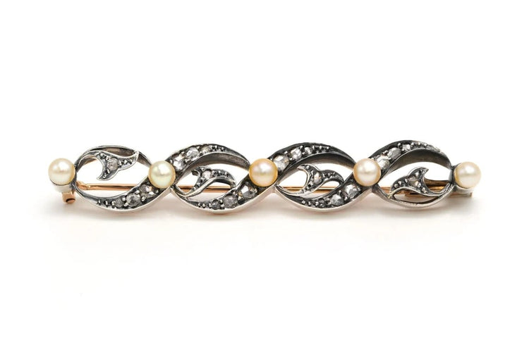Broche Broche Art Nouveau en or jaune 18 carats et argent, perles et diamants taille rose 58 Facettes 22482