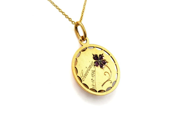 Pendentif Pendentif porte-photo Art nouveau en or jaune 18 carats rubis et diamant 58 Facettes B753