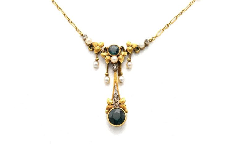 Collier Collier Art nouveau en or jaune 18 carats, tourmalines, perles et diamants 58 Facettes 22936