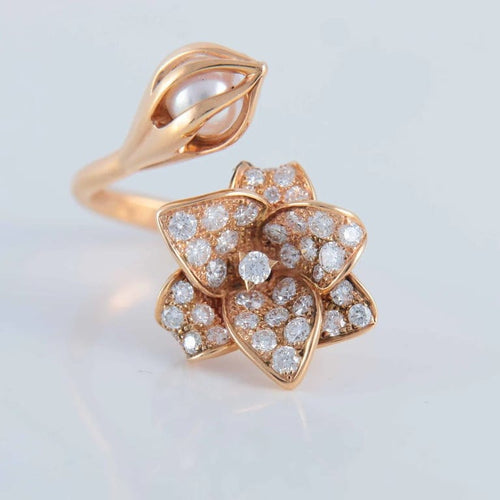 Bague 52 Mellerio Bourgeon - Bague en or jaune avec diamants et perles 58 Facettes
