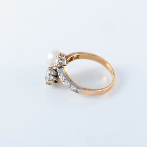 Bague 56 Bague toi et moi en or jaune et platine, perle fine et diamants 58 Facettes