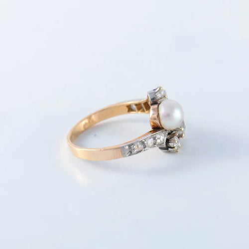 Bague 56 Bague toi et moi en or jaune et platine, perle fine et diamants 58 Facettes