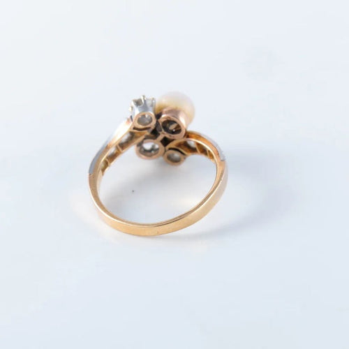 Bague 56 Bague toi et moi en or jaune et platine, perle fine et diamants 58 Facettes