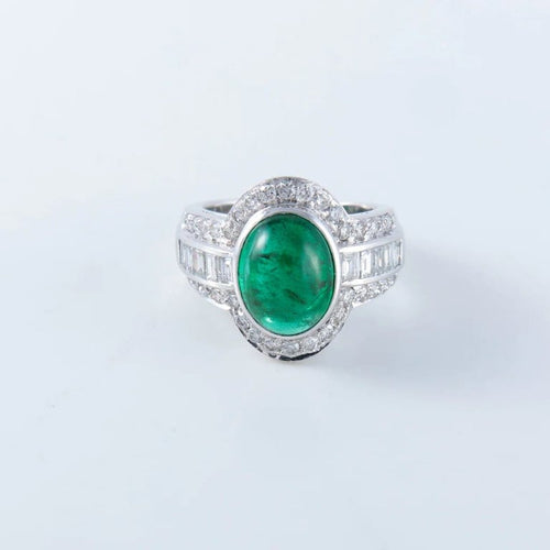 Bague 50 Bague émeraude cabochon et diamants en or blanc 750 58 Facettes