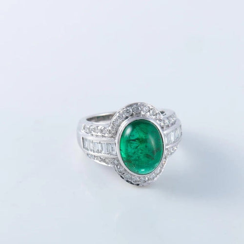 Bague 50 Bague émeraude cabochon et diamants en or blanc 750 58 Facettes