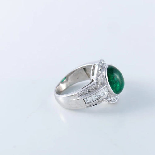 Bague 50 Bague émeraude cabochon et diamants en or blanc 750 58 Facettes