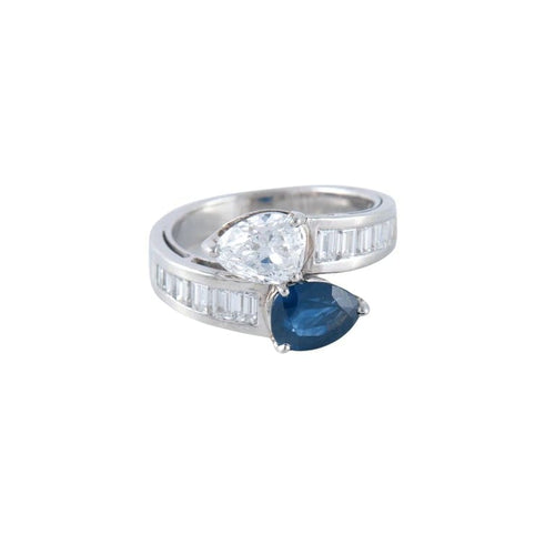 Bague 55 Bague toi & moi en platine saphir et diamant poire 58 Facettes