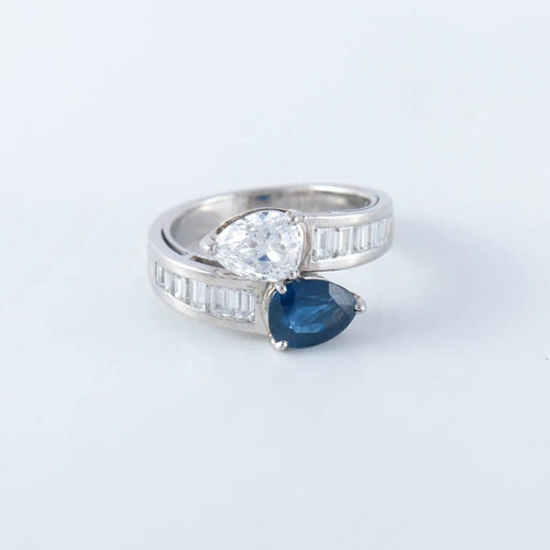 Bague 55 Bague toi & moi en platine saphir et diamant poire 58 Facettes