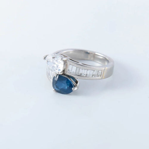Bague 55 Bague toi & moi en platine saphir et diamant poire 58 Facettes
