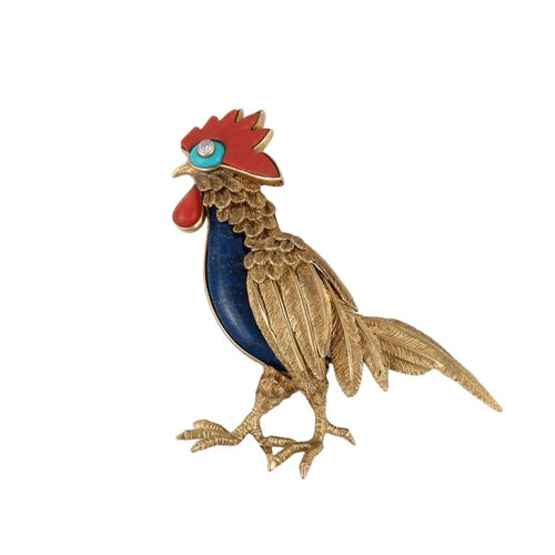 Broche Champagnat - Broche coq en or jaune 18 ct, corail et lapis-lazuli 58 Facettes