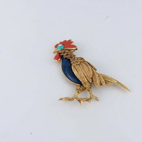 Broche Champagnat - Broche coq en or jaune 18 ct, corail et lapis-lazuli 58 Facettes