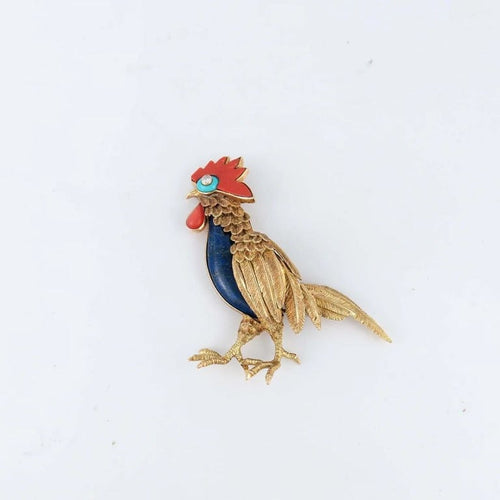 Broche Champagnat - Broche coq en or jaune 18 ct, corail et lapis-lazuli 58 Facettes