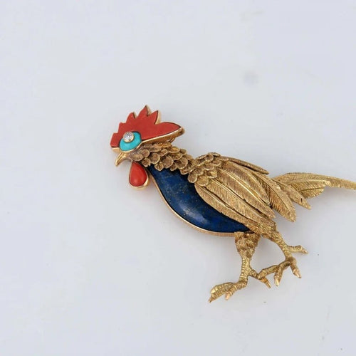 Broche Champagnat - Broche coq en or jaune 18 ct, corail et lapis-lazuli 58 Facettes
