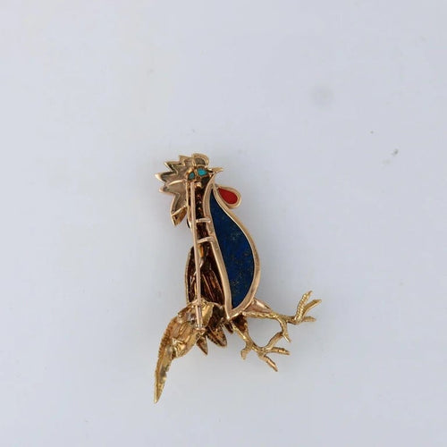 Broche Champagnat - Broche coq en or jaune 18 ct, corail et lapis-lazuli 58 Facettes