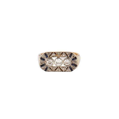 Bague 59 Bague trilogie Art déco en or rose 18K, diamants et saphirs 58 Facettes