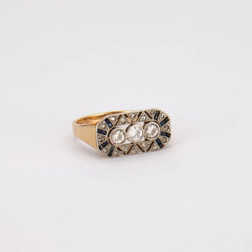 Bague 59 Bague trilogie Art déco en or rose 18K, diamants et saphirs 58 Facettes