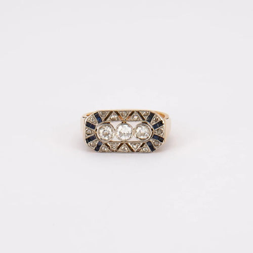 Bague 59 Bague trilogie Art déco en or rose 18K, diamants et saphirs 58 Facettes