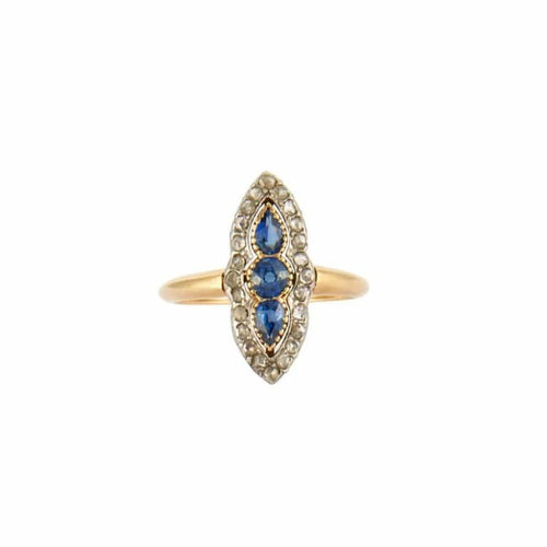 Bague 55 Bague marquise en or jaune et gris 18K saphirs et diamants 58 Facettes