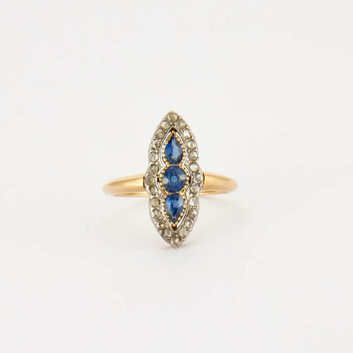 Bague 55 Bague marquise en or jaune et gris 18K saphirs et diamants 58 Facettes