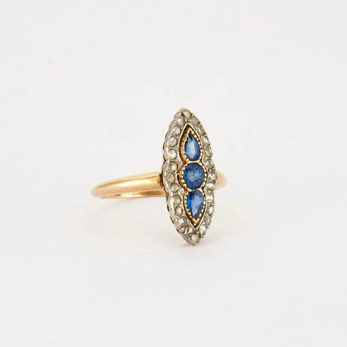 Bague 55 Bague marquise en or jaune et gris 18K saphirs et diamants 58 Facettes