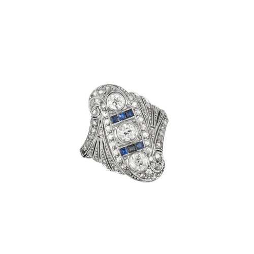 Bague 58 Bague Art déco en or blanc 18K, diamants et saphirs calibrés 58 Facettes