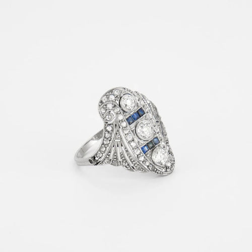 Bague 58 Bague Art déco en or blanc 18K, diamants et saphirs calibrés 58 Facettes