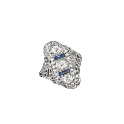 Bague 58 Bague Art déco en or blanc 18K, diamants et saphirs calibrés 58 Facettes