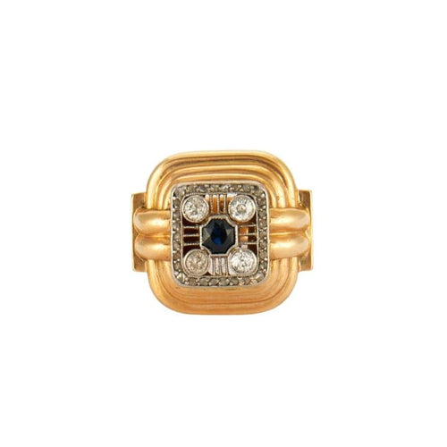 Bague 61 Bague tank en or jaune et blanc 18K, saphir et diamants 58 Facettes