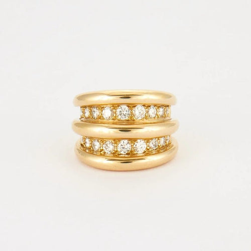 Bague 51 OJ Perrin - Bague large godronnée en or jaune 18K et diamants 58 Facettes