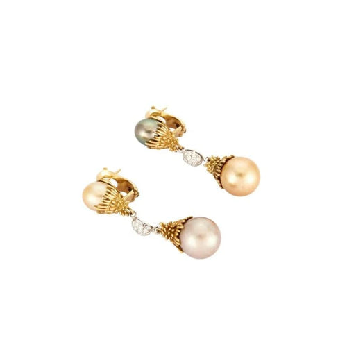Boucles d'oreilles Fred - Boucles d'oreilles pendantes en or jaune 18K, perles et diamants 58 Facettes