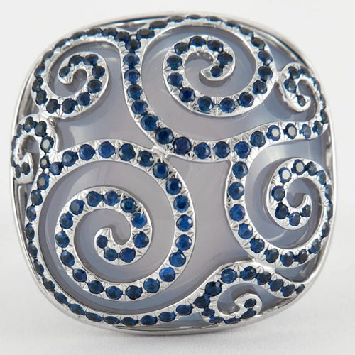 Bague 53 Adler - Bague en or blanc 18K à calcédoine et saphirs 58 Facettes