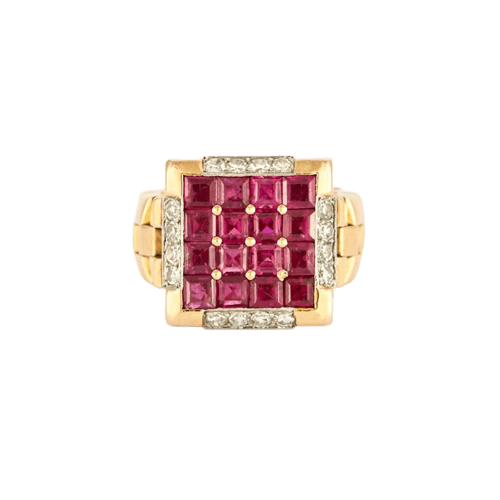 Bague 49 Lacloche - Bague en or jaune 18 carats rubis synthétiques et diamants 58 Facettes