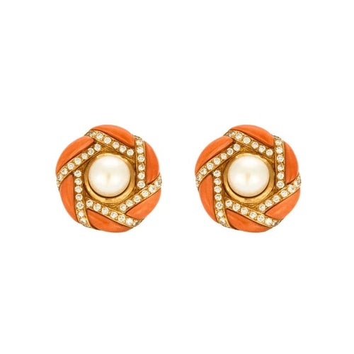 Boucles d'oreilles Mauboussin - Clips d’oreilles vintage en or jaune, diamants, perles et corail 58 Facettes