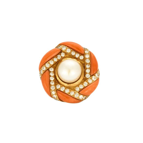 Boucles d'oreilles Mauboussin - Clips d’oreilles vintage en or jaune, diamants, perles et corail 58 Facettes