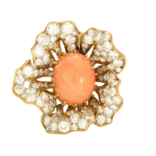 Broche Mauboussin - Broche fleur en or jaune et or gris, corail et diamants 58 Facettes