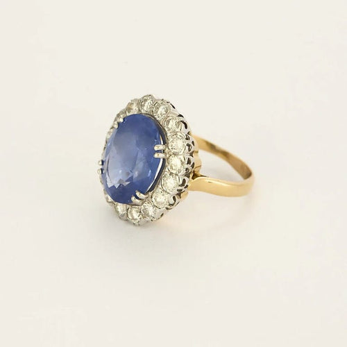 Bague 57 Bague marguerite en or blanc et or jaune, saphir 9 ct et diamants 58 Facettes