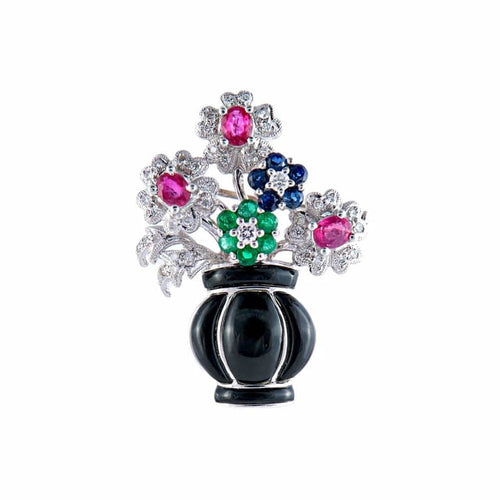 Pendentif Broche-pendentif panier de fleurs Art déco en or blanc 18 k 58 Facettes 446