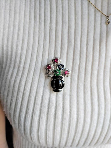 Pendentif Broche-pendentif panier de fleurs Art déco en or blanc 18 k 58 Facettes 446
