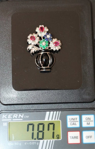 Pendentif Broche-pendentif panier de fleurs Art déco en or blanc 18 k 58 Facettes 446