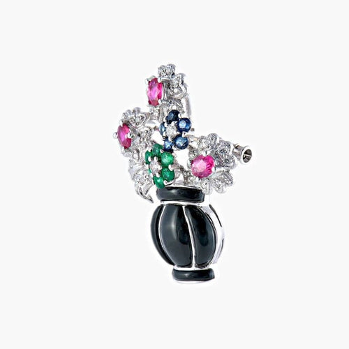 Pendentif Broche-pendentif panier de fleurs Art déco en or blanc 18 k 58 Facettes 446