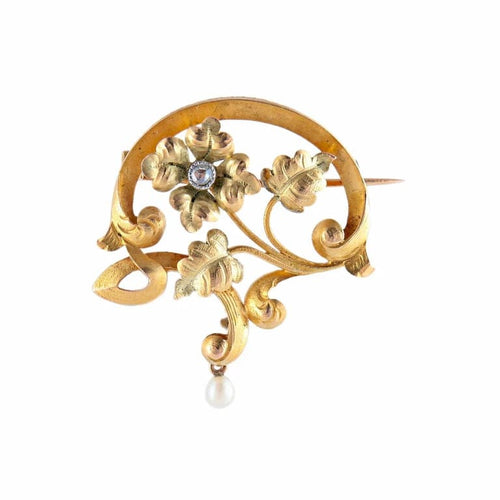 Broche Broche Art Nouveau florale en or jaune 18k avec perle 58 Facettes 449