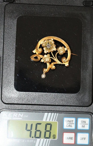 Broche Broche Art Nouveau florale en or jaune 18k avec perle 58 Facettes 449