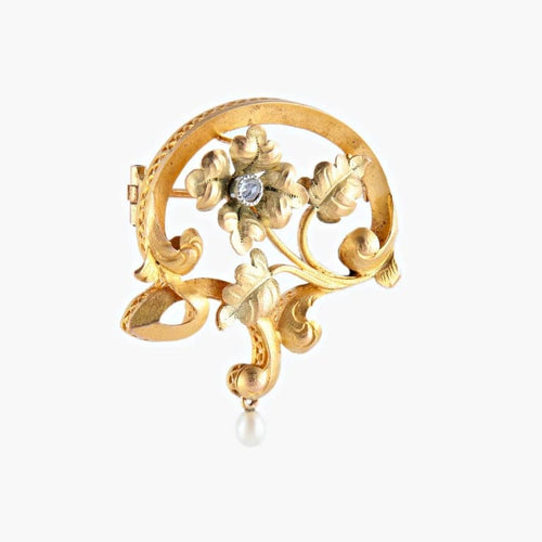 Broche Broche Art Nouveau florale en or jaune 18k avec perle 58 Facettes 449