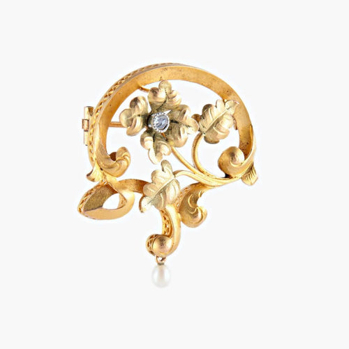 Broche Broche Art Nouveau florale en or jaune 18k avec perle 58 Facettes 449