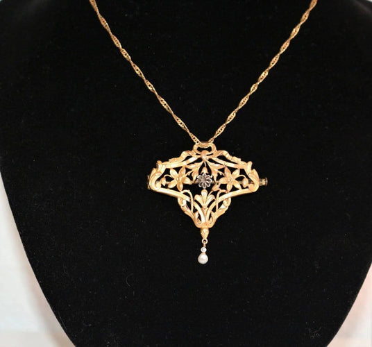 Pendentif Broche-pendentif Art nouveau en or jaune 18 k et platine 58 Facettes 447