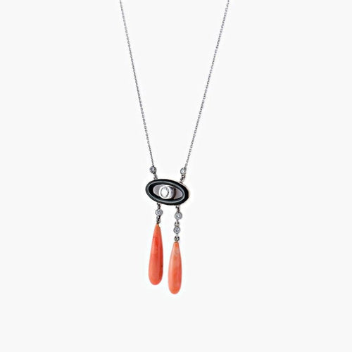 Collier Collier négligé Art déco en or gris 18 k, onyx, corail et diamants 58 Facettes 464