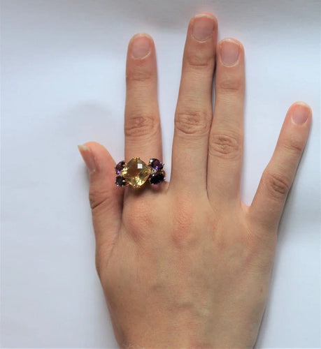 Bague 54 Bague papillon en or rose 18k citrine, améthystes et diamants 58 Facettes 469