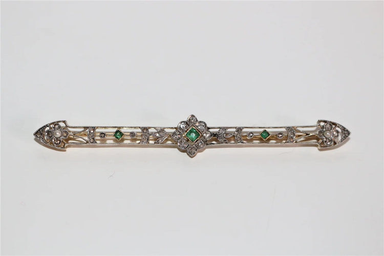 Broche Broche-barrette Art déco en or 18k avec émeraudes, perles et diamants 58 Facettes 525