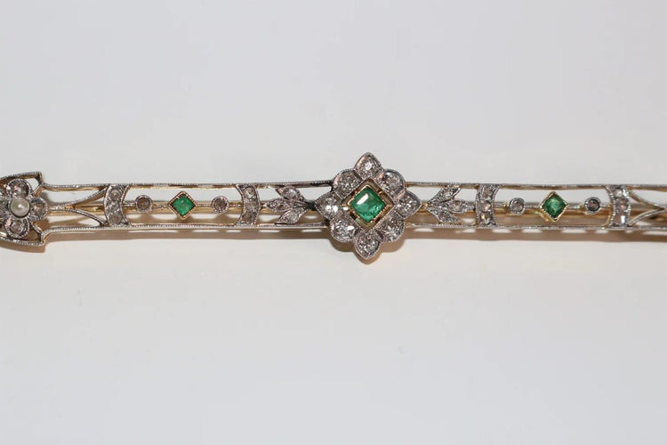 Broche Broche-barrette Art déco en or 18k avec émeraudes, perles et diamants 58 Facettes 525