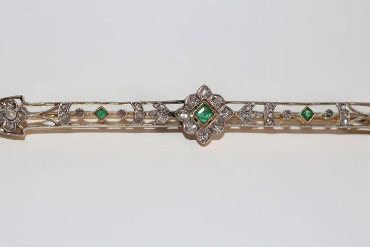 Broche Broche-barrette Art déco en or 18k avec émeraudes, perles et diamants 58 Facettes 525